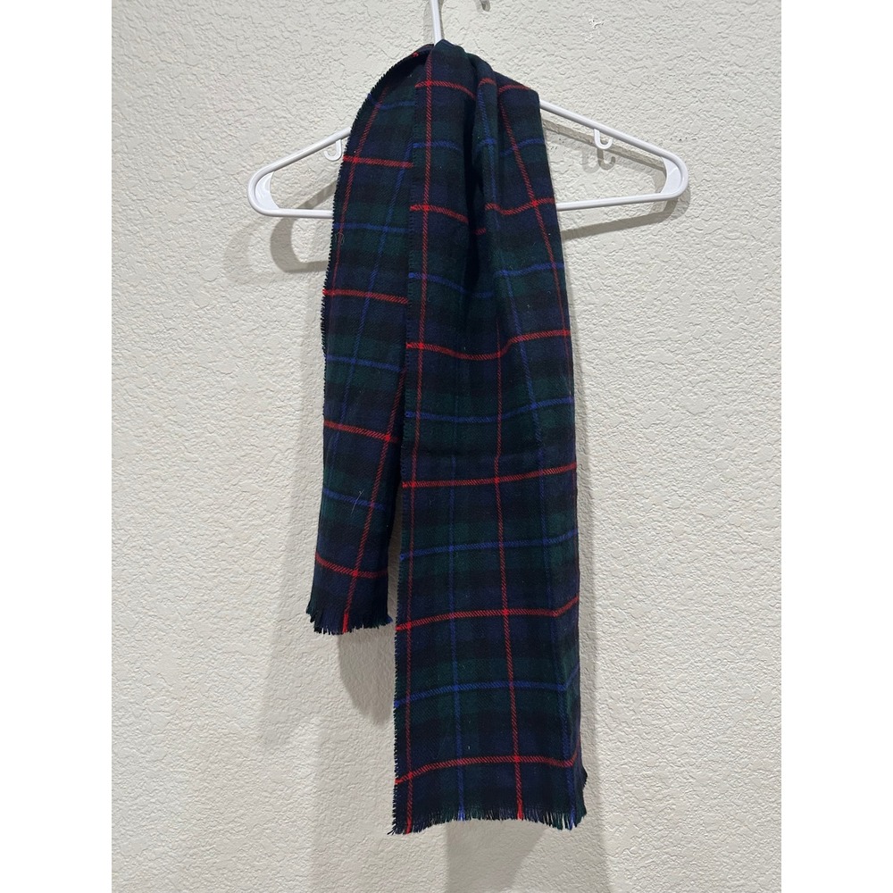 Vintage 100% Merino Wool Plaid Scarf Made in Great Britain Navy Green Red Tartan
